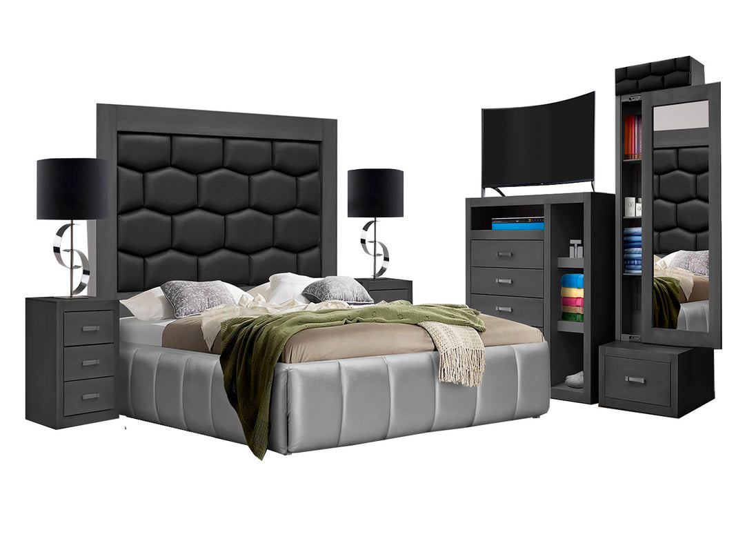 Conjunto de recámara de 5 piezas color gris grafito con cabecera capitoneada y muebles coordinados.