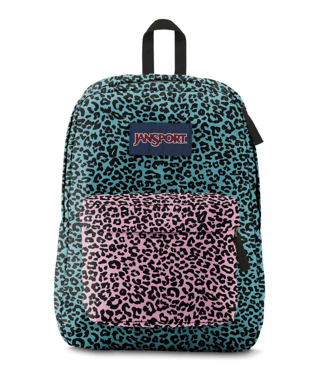 Mochila JanSport Superbreak con estampado de leopardo en colores turquesa y rosa.