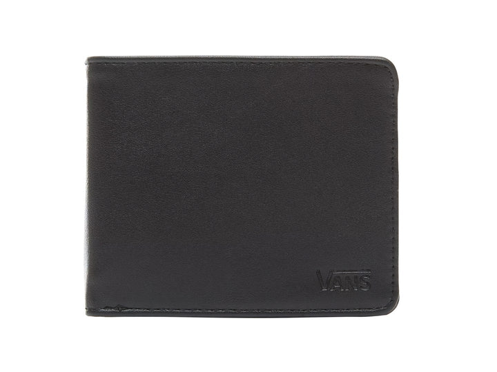Cartera bifold de color negro marca Vans con logotipo grabado en relieve.
