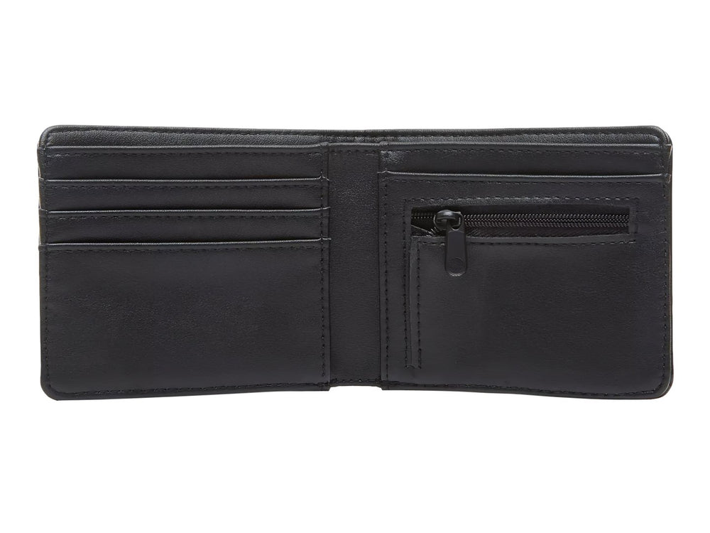 Cartera bifold de color negro marca Vans con logotipo grabado en relieve.