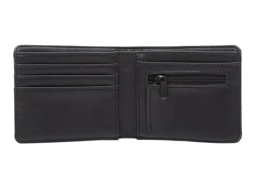 Cartera bifold de color negro marca Vans con logotipo grabado en relieve.