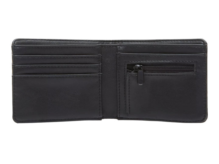 Cartera bifold de color negro marca Vans con logotipo grabado en relieve.
