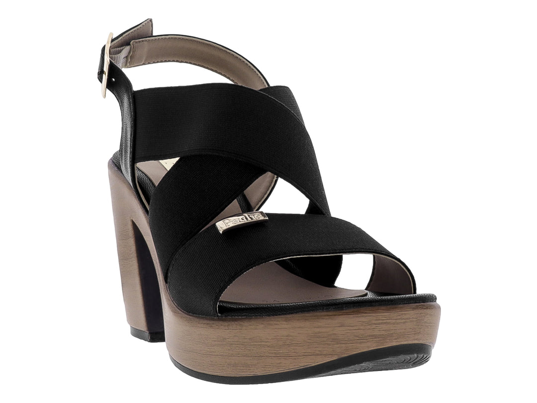 Sandalia Paulie color negro con plataforma y tacón en tono ébano, diseño de correas cruzadas y cierre con hebilla.