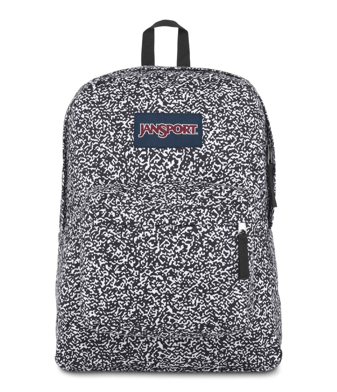 Mochila escolar JanSport SuperBreak con estampado de ruido en colores blanco y negro.