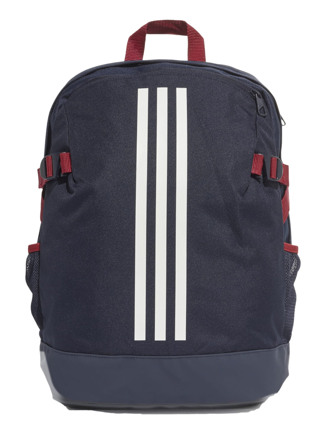 Mochila deportiva Adidas azul marino con tres franjas blancas verticales y detalles en rojo.