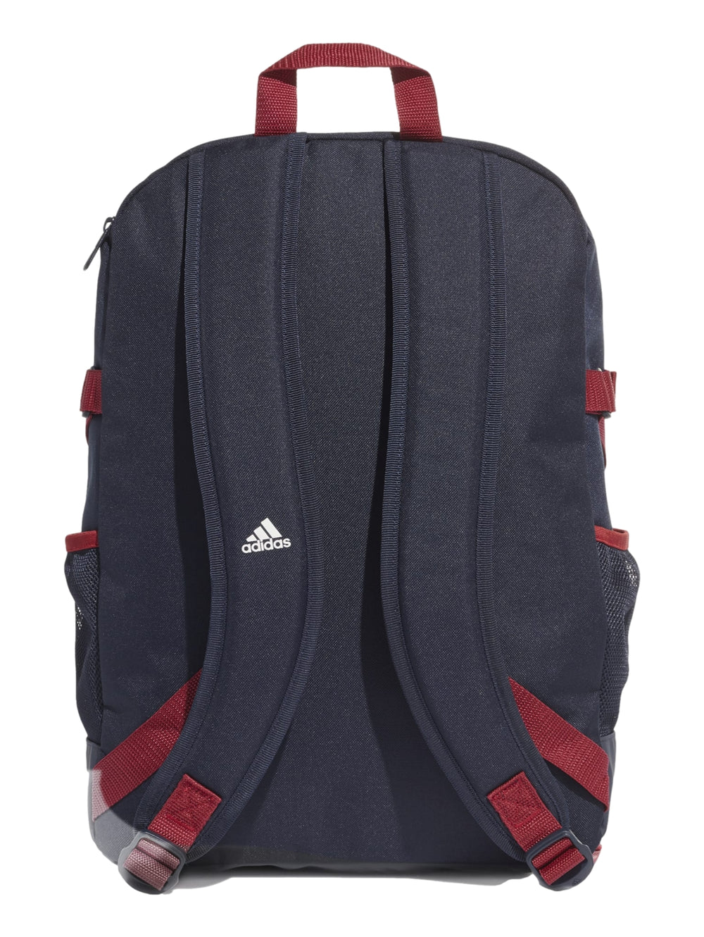 Mochila deportiva Adidas azul marino con tres franjas blancas verticales y detalles en rojo.
