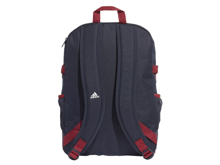 Mochila deportiva Adidas azul marino con tres franjas blancas verticales y detalles en rojo.