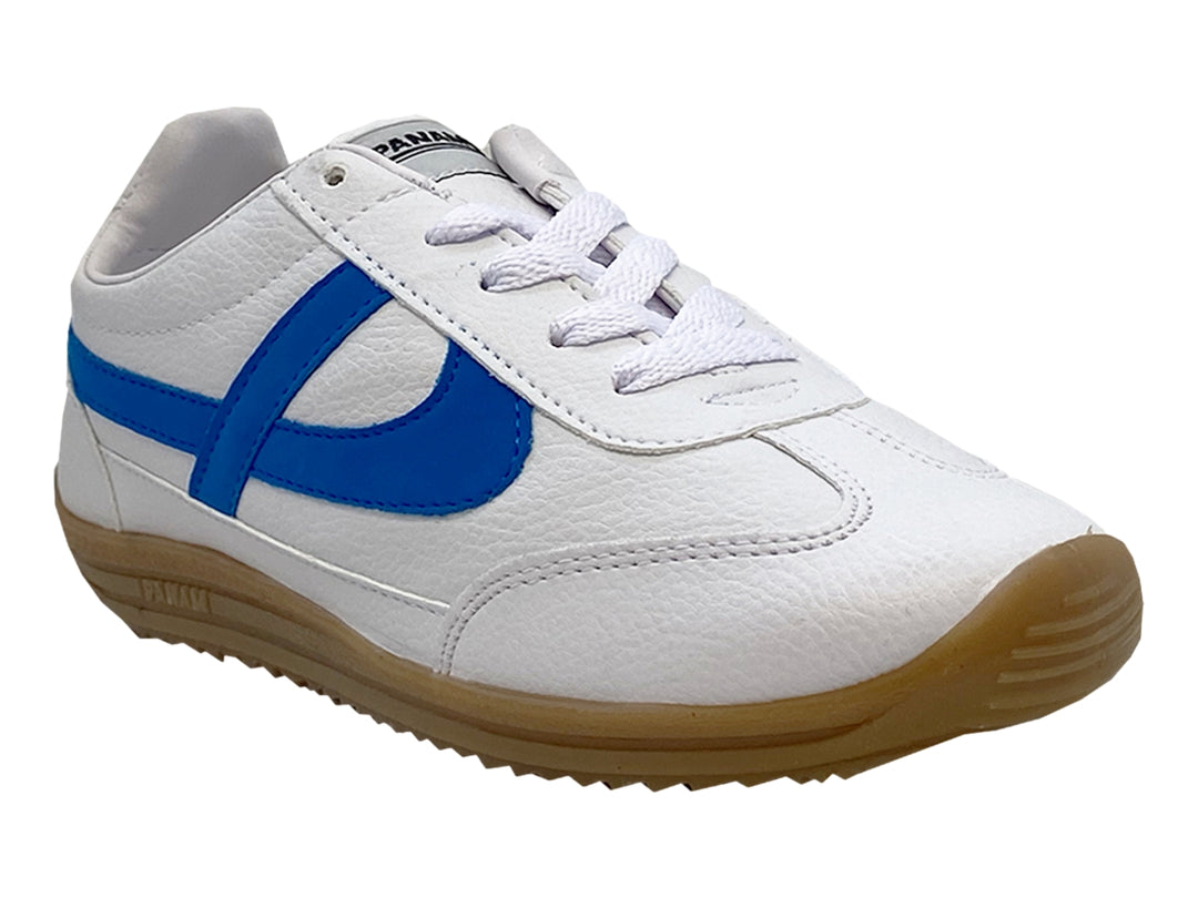Tenis Panam para niño color blanco con franja azul y suela color miel.