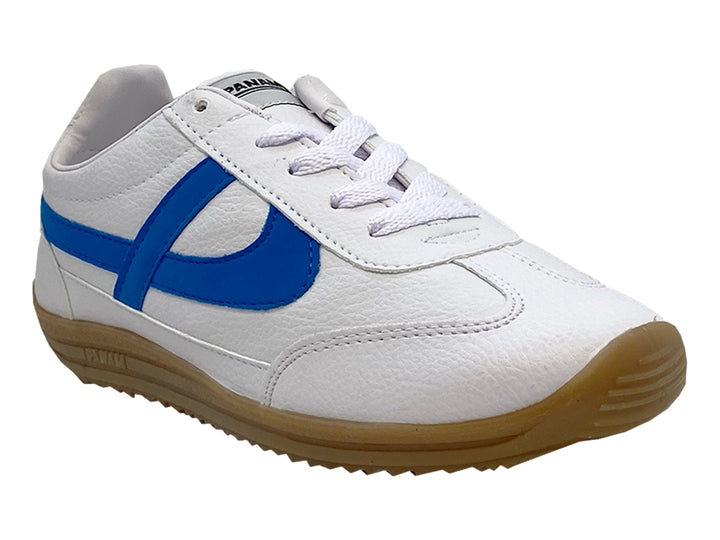 Tenis Panam para niño color blanco con franja azul y suela color miel.