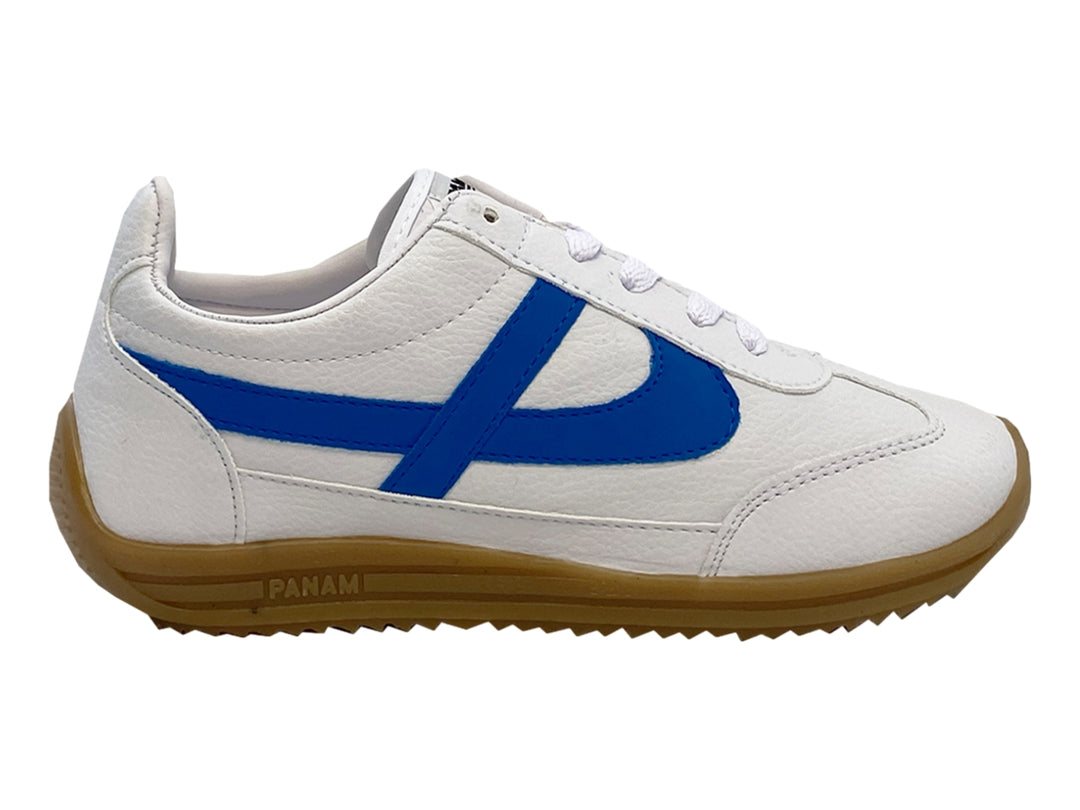 Tenis Panam para niño color blanco con franja azul y suela color miel.