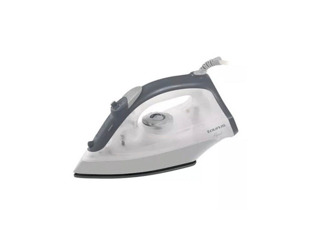 Plancha de vapor Taurus Pearl color gris con cuerpo translúcido y mango ergonómico.