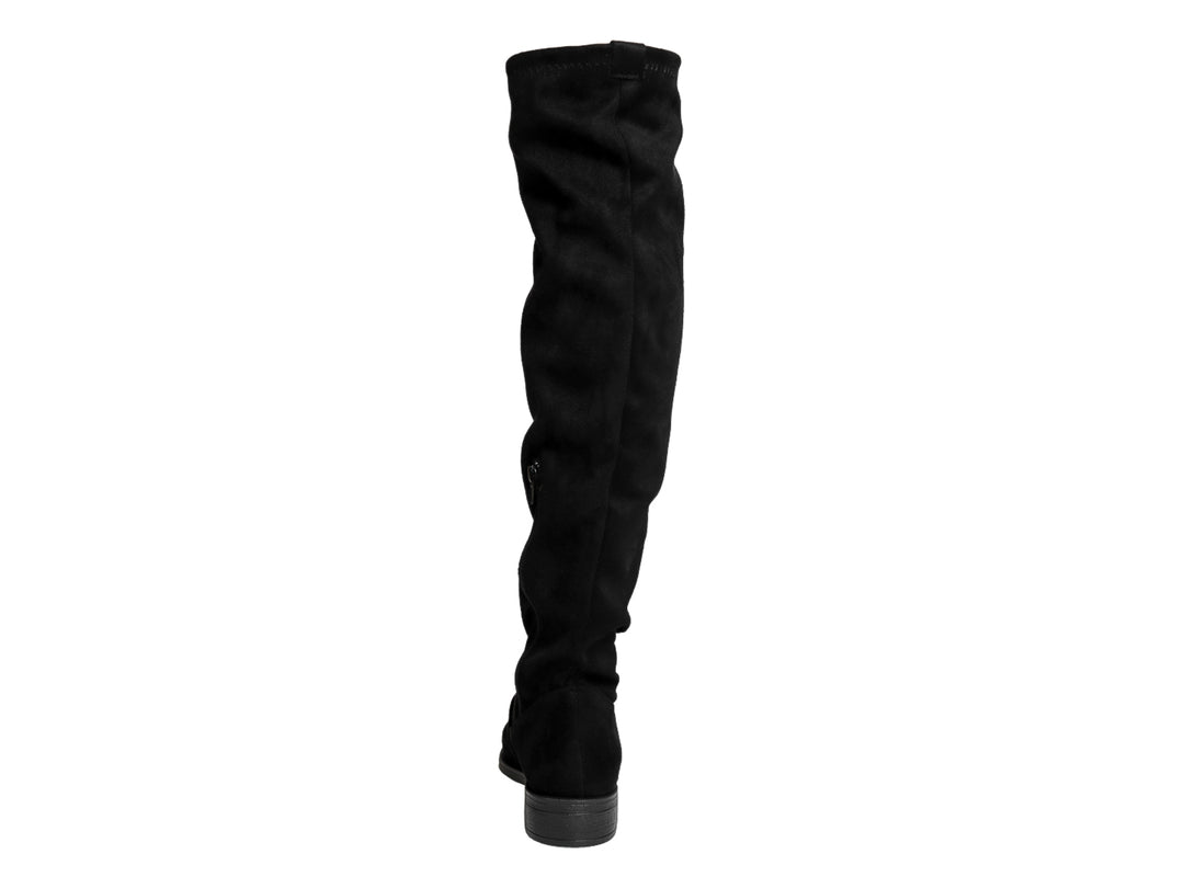 Bota alta de color negro con acabado mate y diseño ajustado hasta la rodilla.