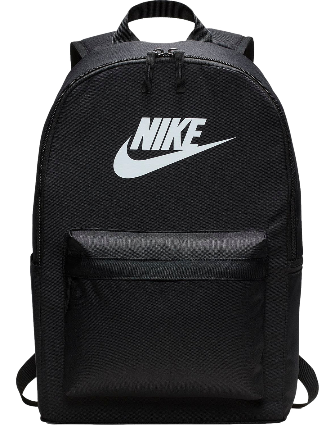 Mochila Nike Heritage 2.0 color negro con logotipo blanco y bolsillo frontal.