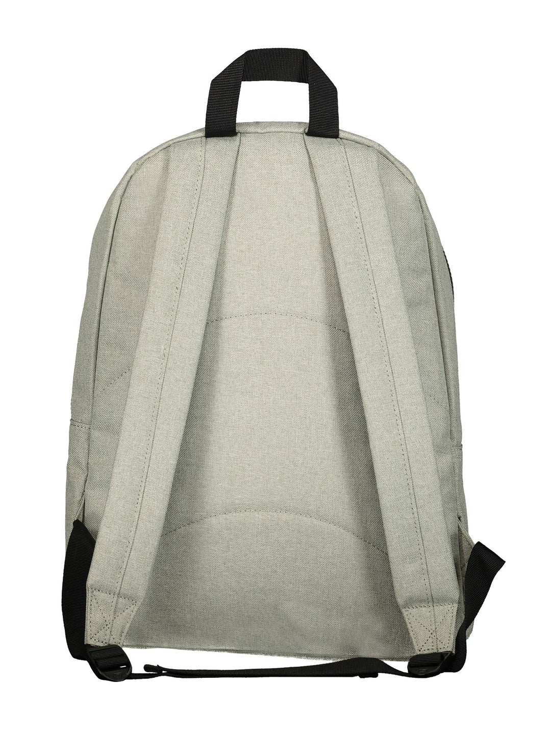Mochila escolar Skechers de color gris con bolsillo frontal con cierre y detalle en cuero café.