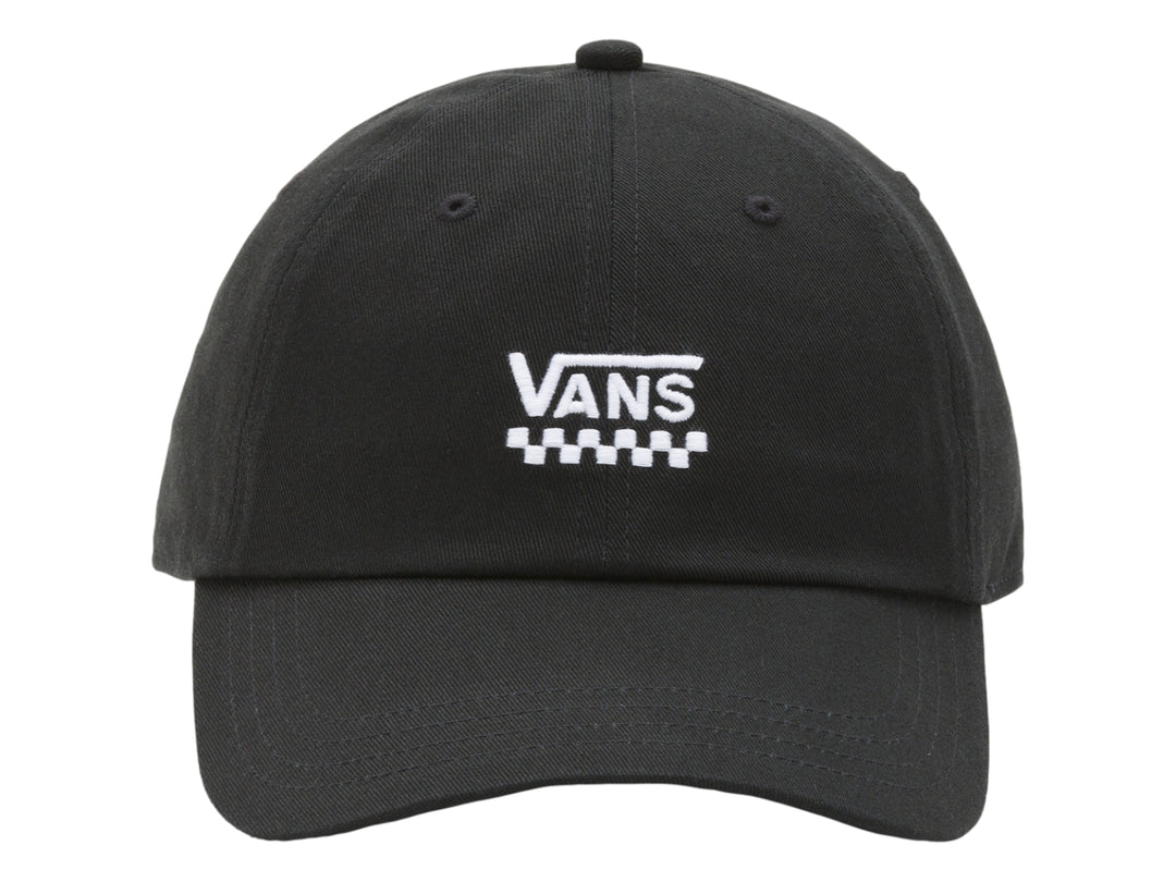 Gorra negra de la marca Vans con logotipo blanco y diseño de cuadros en el frente.