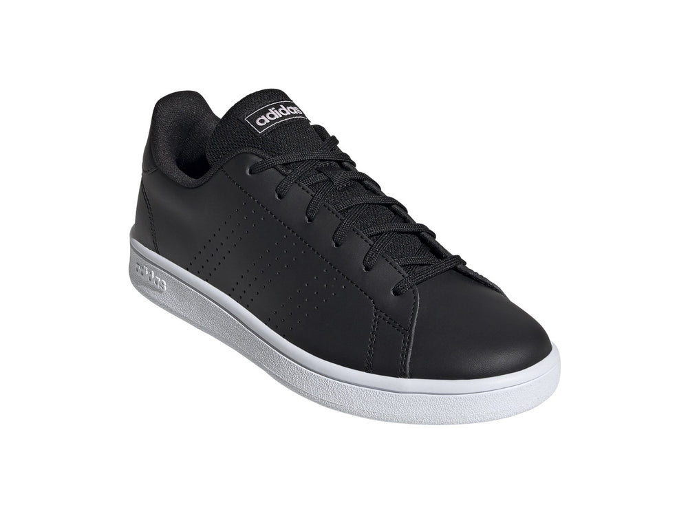 Tenis Adidas Advantage Base en color negro con suela blanca y detalles rosas, vista lateral.