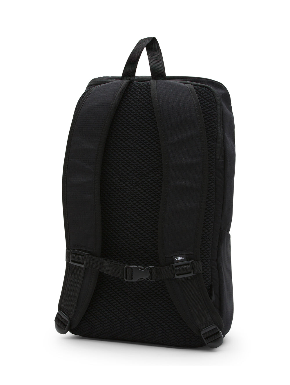 Mochila VANS Obstacle Skatepack color negro con bolsillo lateral y correas frontales.