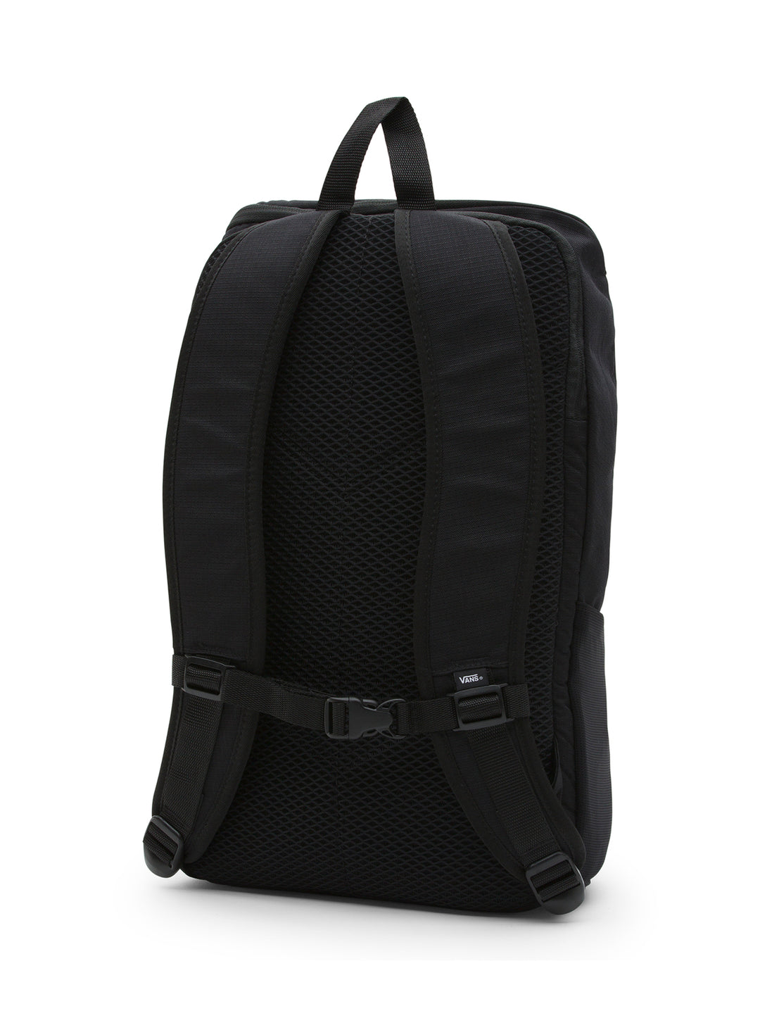 Mochila VANS Obstacle Skatepack color negro con bolsillo lateral y correas frontales.