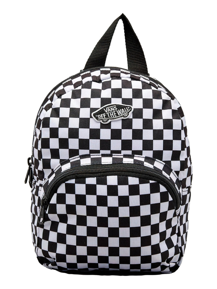Mini mochila Vans con estampado de cuadros blanco y negro, bolsillo frontal y asa superior.