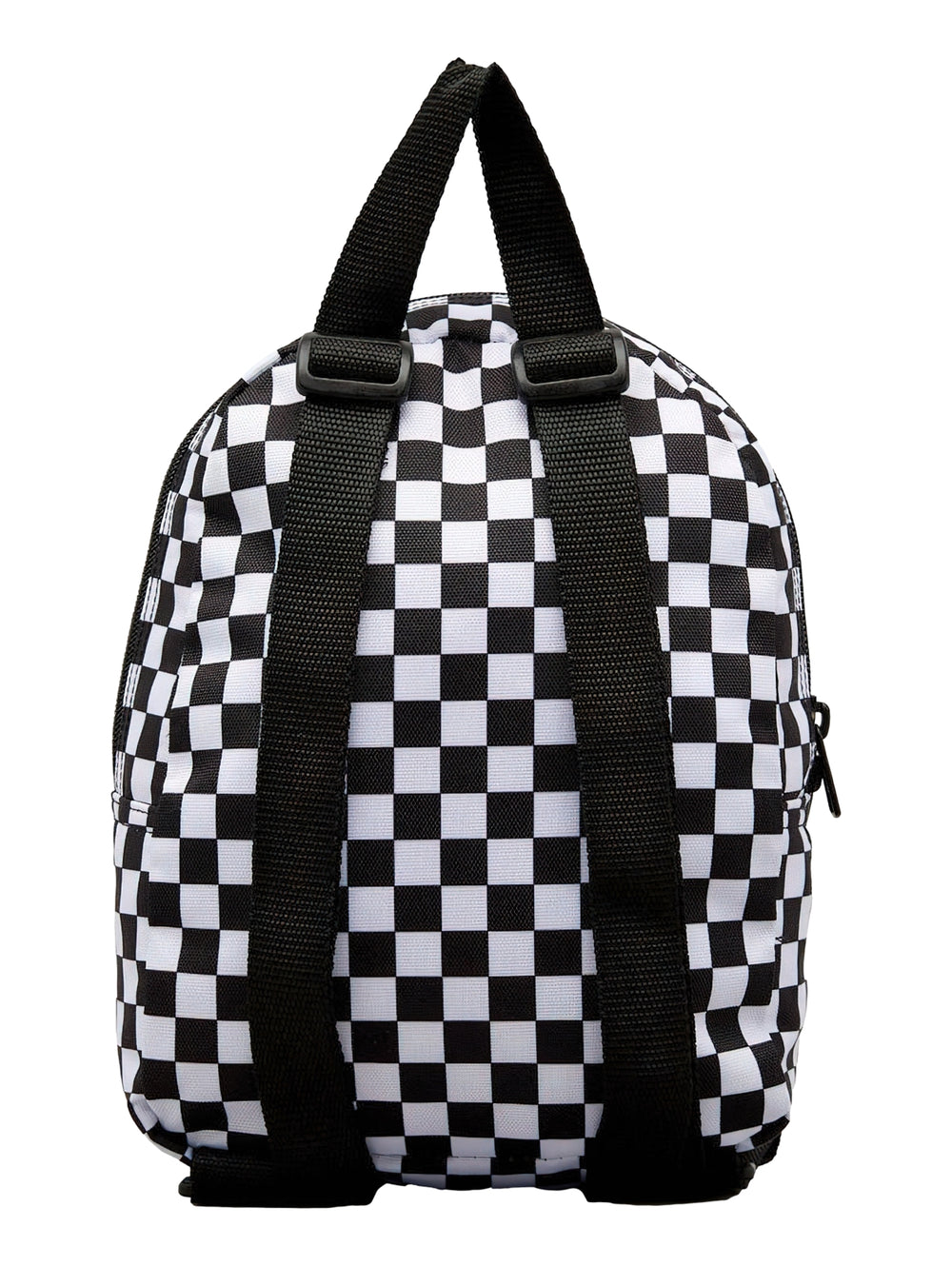 Mini mochila Vans con estampado de cuadros blanco y negro, bolsillo frontal y asa superior.