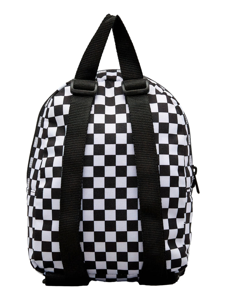 Mini mochila Vans con estampado de cuadros blanco y negro, bolsillo frontal y asa superior.