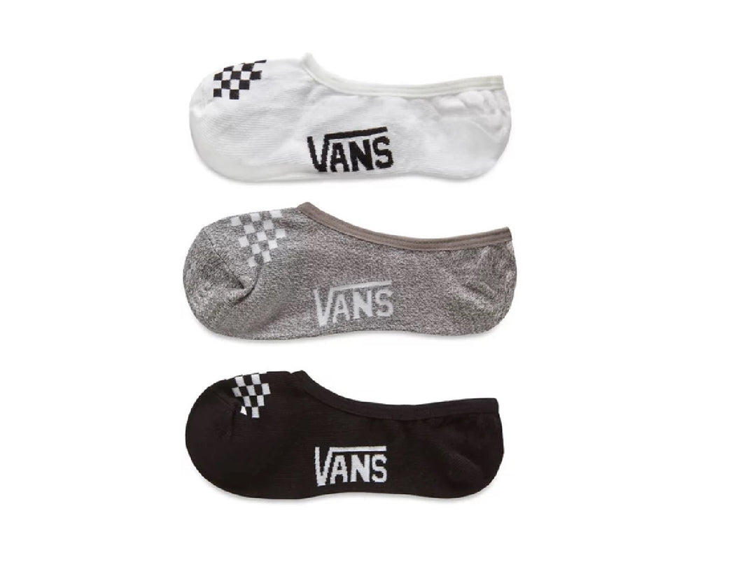 Set de tres pares de calcetines tobilleros Vans en colores blanco, gris y negro con detalle de cuadros.