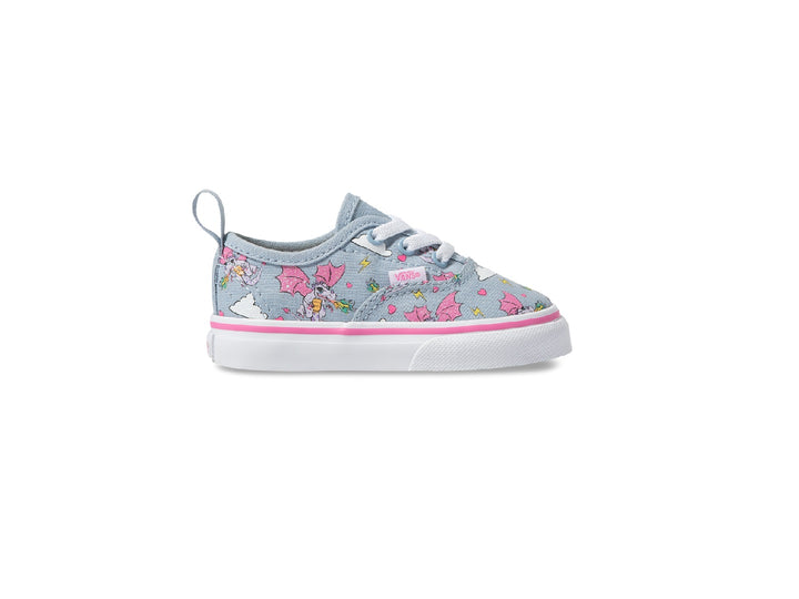 Tenis Vans Authentic para niña color azul con estampado de dragones rosas y suela blanca.