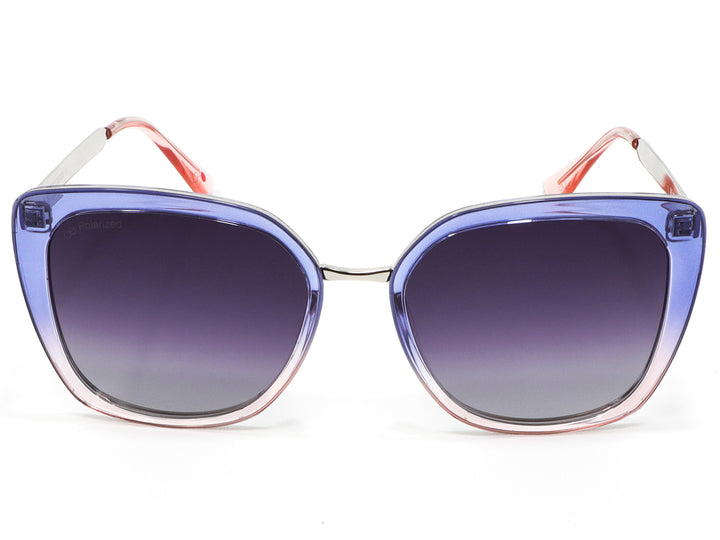 Lentes de sol para mujer con montura en degradado azul y rosa y cristales polarizados.