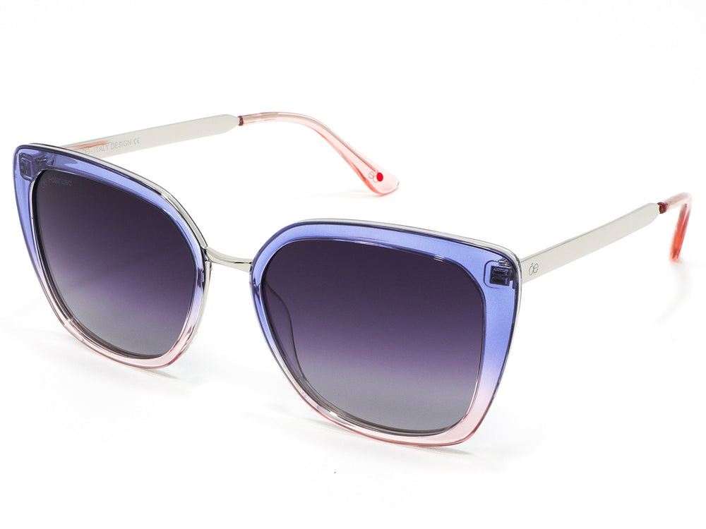 Lentes de sol para mujer con montura en degradado azul y rosa y cristales polarizados.
