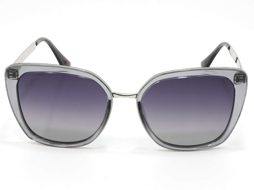 Lentes de sol para mujer Cloe con marco plateado y micas en degradado gris.
