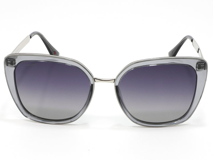 Lentes de sol para mujer Cloe con marco plateado y micas en degradado gris.