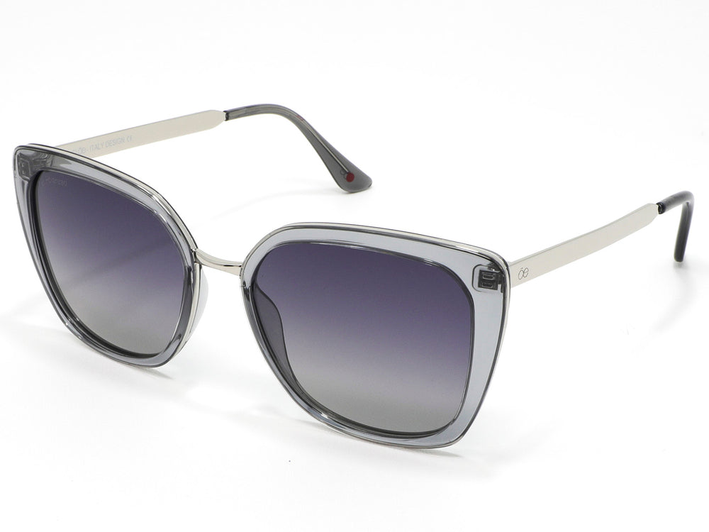 Lentes de sol para mujer Cloe con marco plateado y micas en degradado gris.