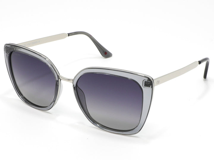 Lentes de sol para mujer Cloe con marco plateado y micas en degradado gris.