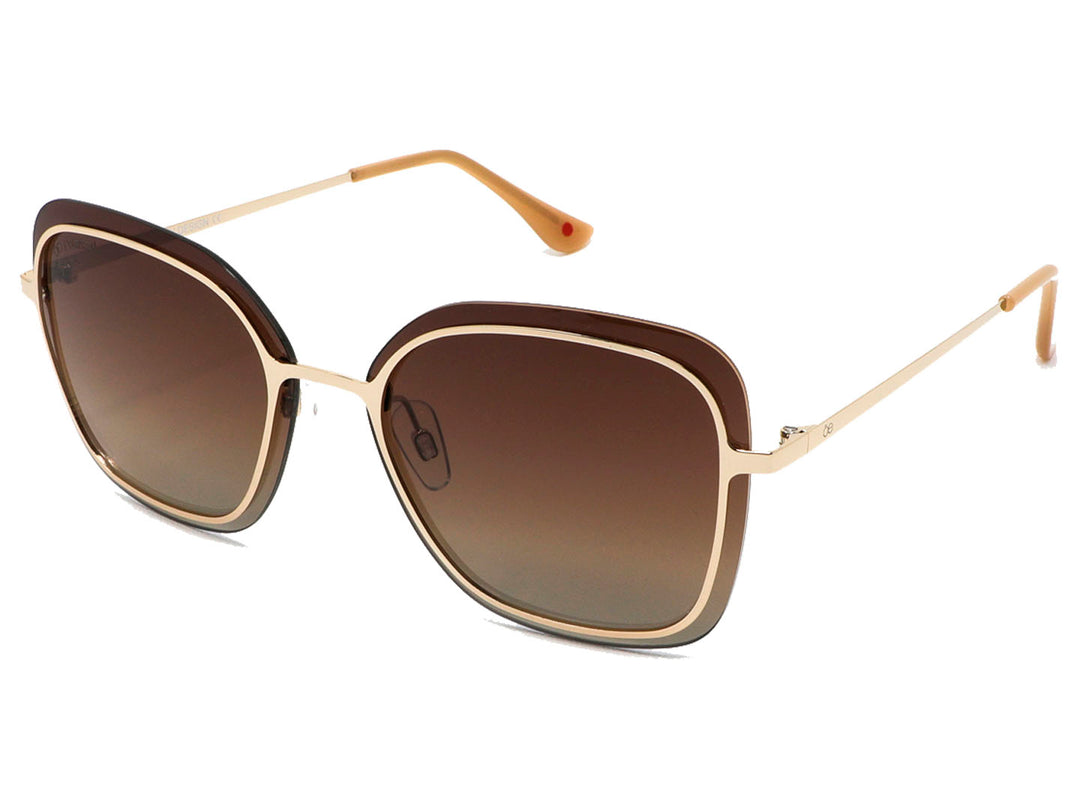 Lentes de sol Cloe para mujer con montura metálica dorada y cristales marrón degradado en forma cuadrada redondeada.