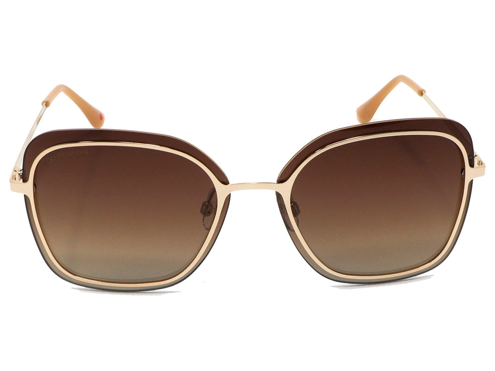 Lentes de sol Cloe para mujer con montura metálica dorada y cristales marrón degradado en forma cuadrada redondeada.