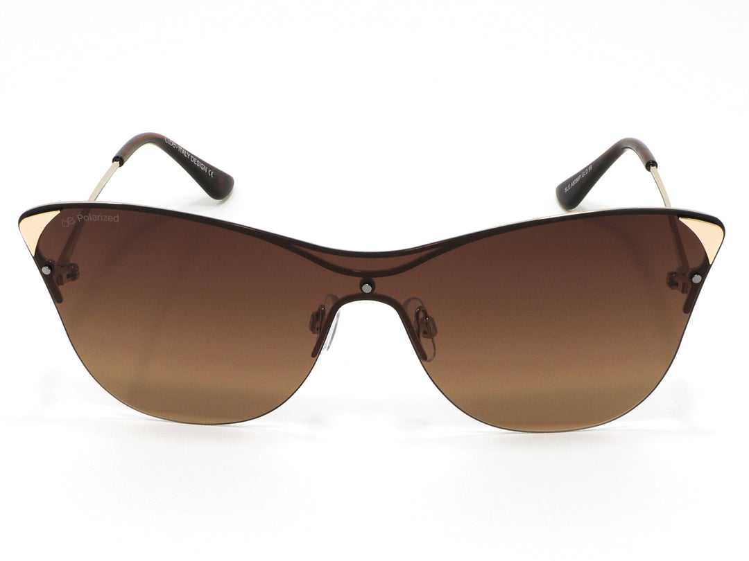 Lentes de sol para mujer Cloe con diseño cat-eye, armazón dorado y micas degradadas color marrón.