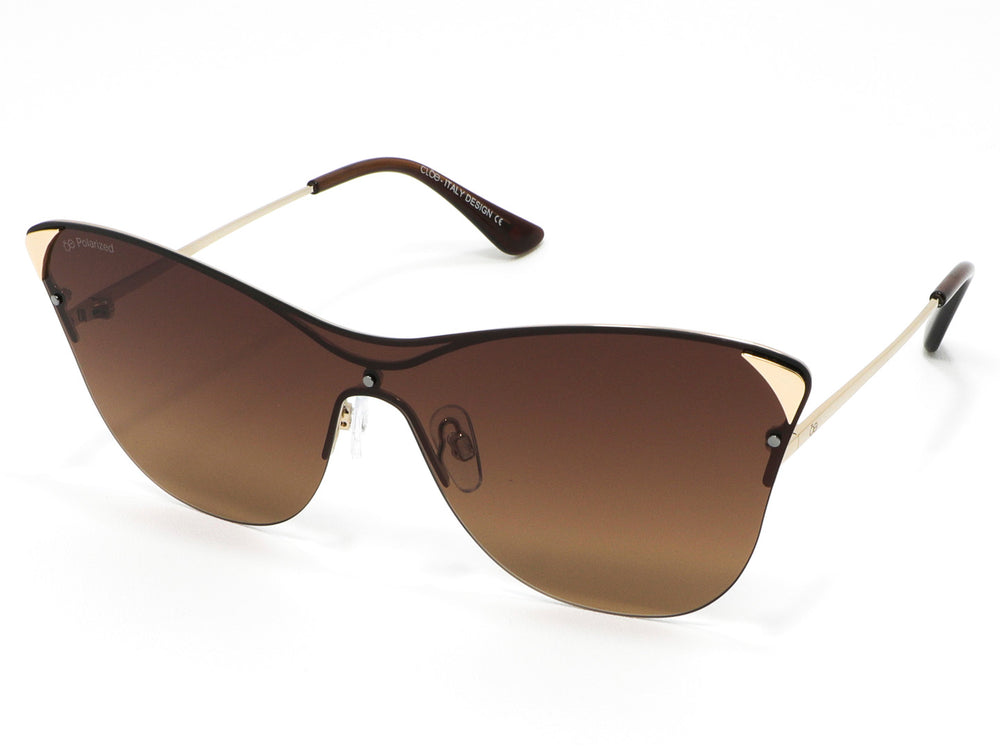 Lentes de sol para mujer Cloe con diseño cat-eye, armazón dorado y micas degradadas color marrón.