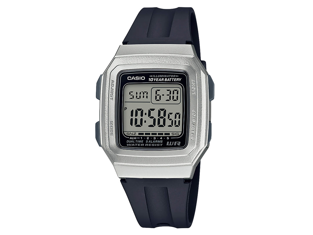 Reloj digital Casio F-201WAM con correa negra y caja plateada sobre fondo blanco.