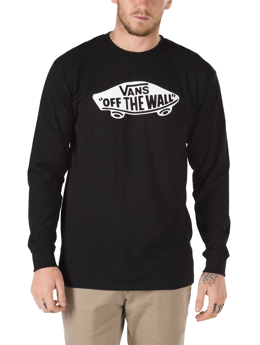Camiseta de manga larga color negro con logotipo blanco de Vans Off The Wall en el pecho.