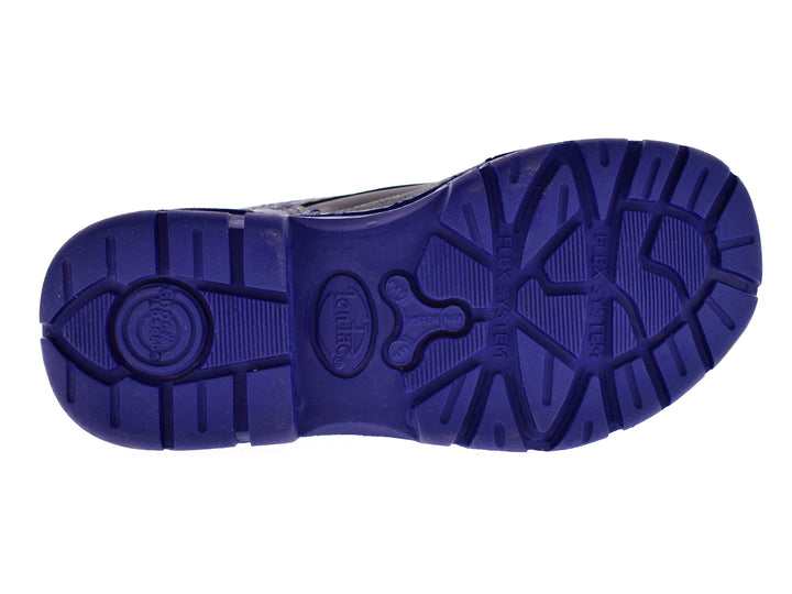 Par de botas negras dieléctricas con cordones y suela de color azul.