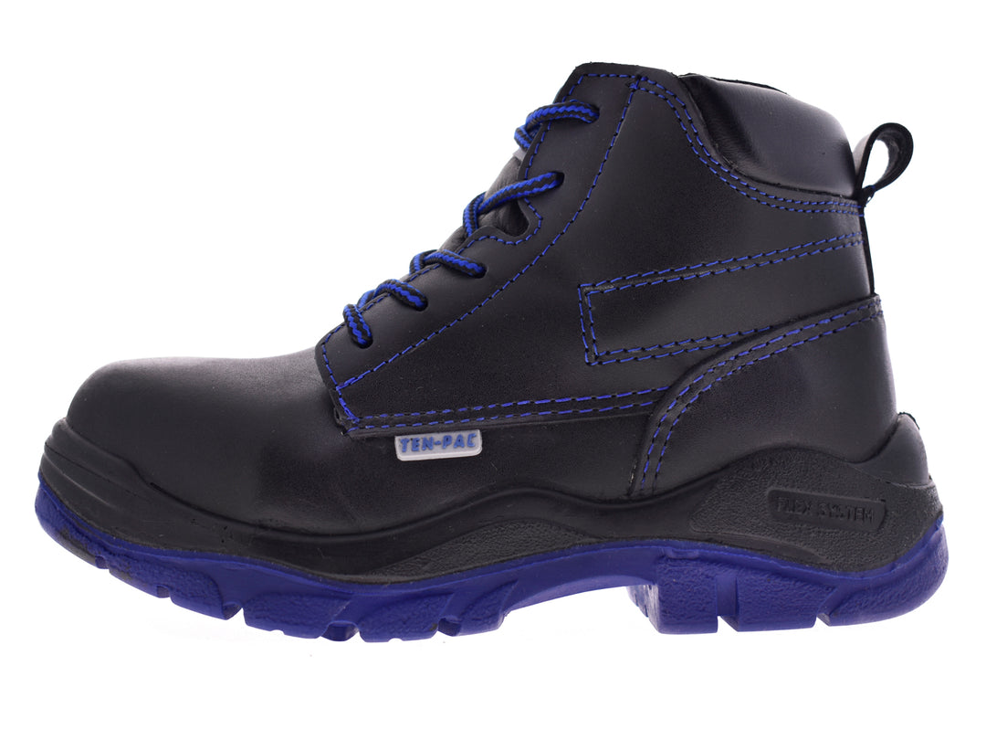 Par de botas negras dieléctricas con cordones y suela de color azul.