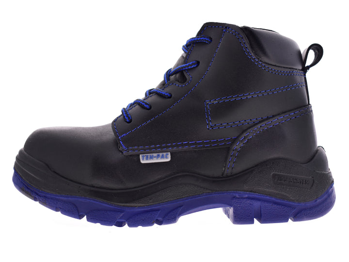 Par de botas negras dieléctricas con cordones y suela de color azul.