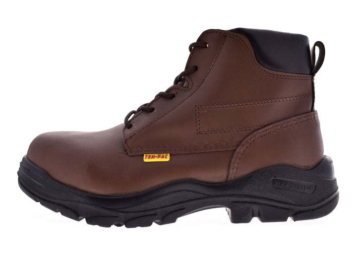 Botas de seguridad Ten Pac color café con suela negra y cuello acolchado.