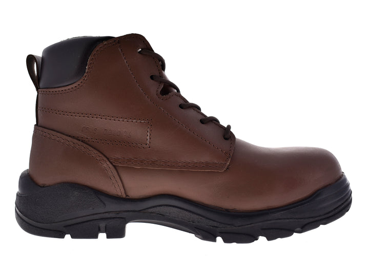Botas de seguridad Ten Pac color café con suela negra y cuello acolchado.
