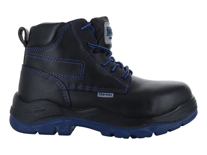Bota de seguridad Ten Pac color negro con suela y costuras en azul.