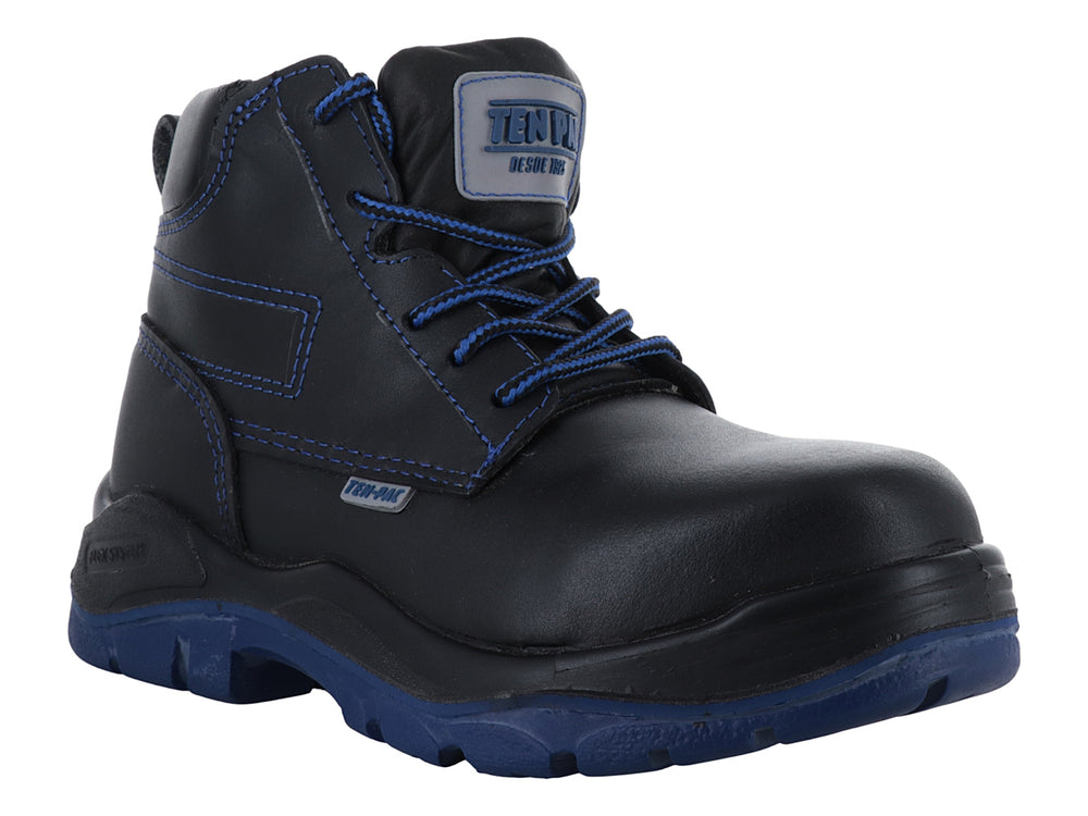 Bota de seguridad Ten Pac color negro con suela y costuras en azul.