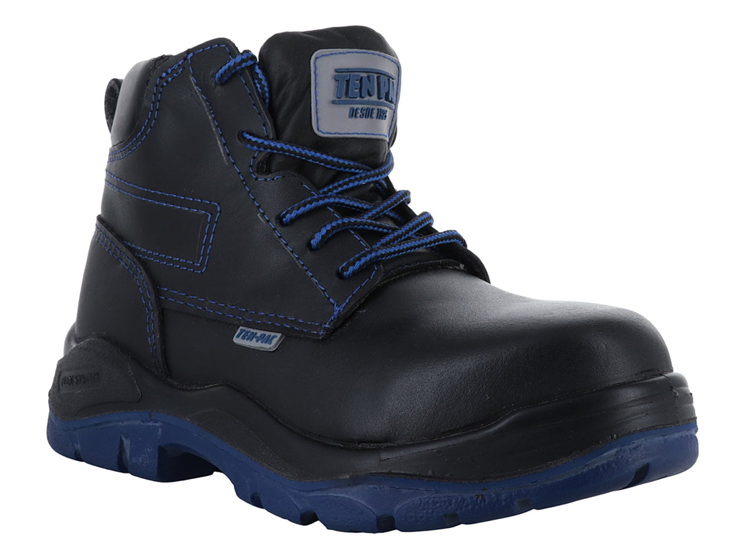 Bota de seguridad Ten Pac color negro con suela y costuras en azul.