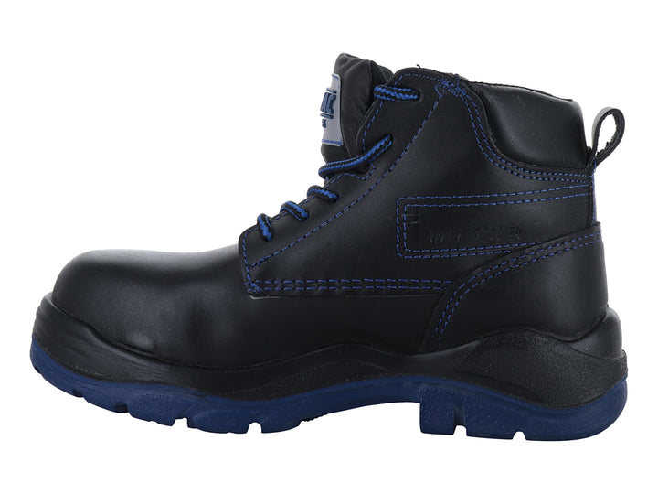 Bota de seguridad Ten Pac color negro con suela y costuras en azul.