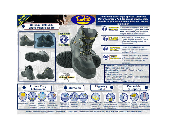 Bota de seguridad Ten Pac color negro con suela y costuras en azul.