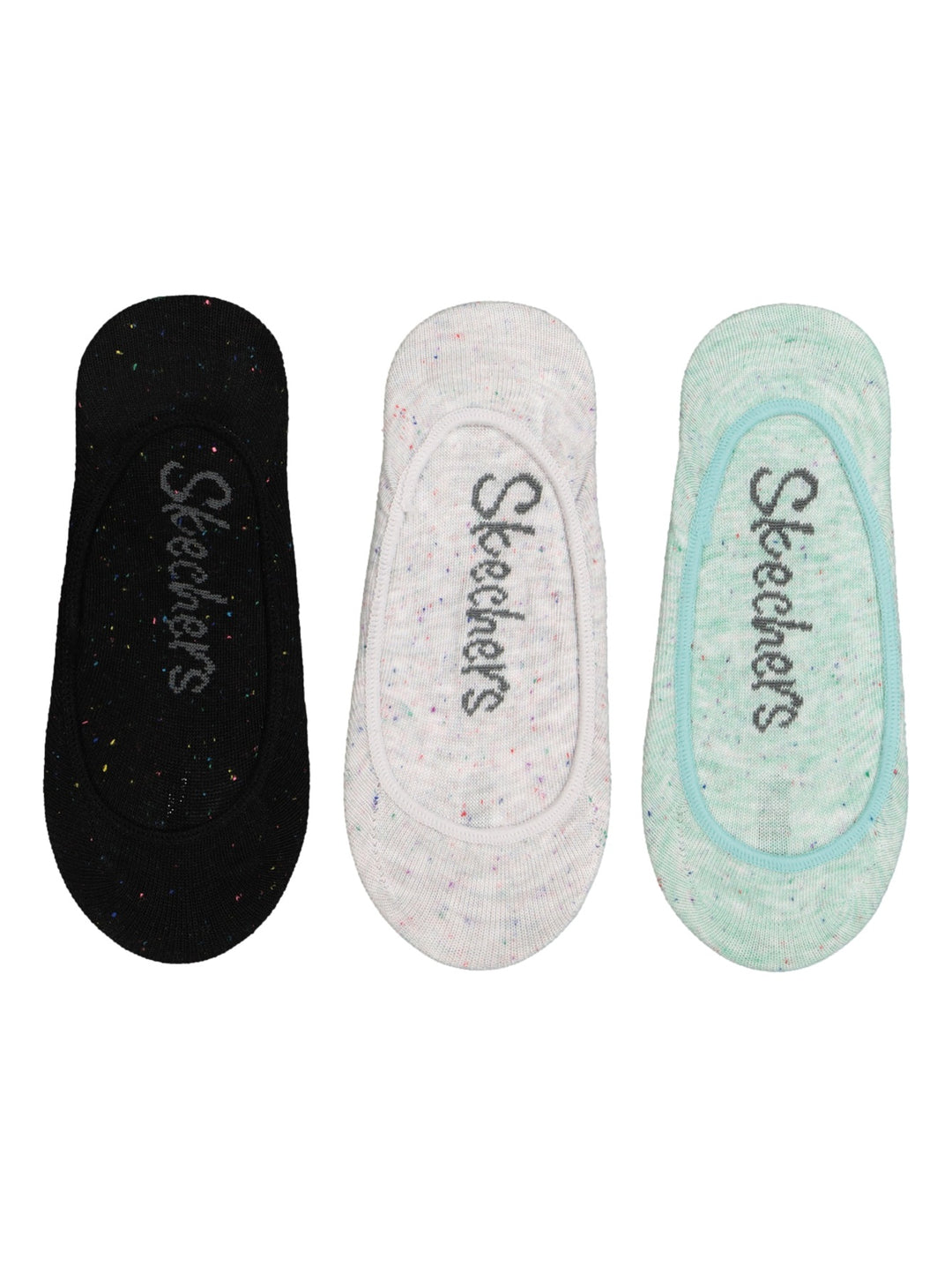 Set de tres pares de calcetines Skechers para mujer en colores negro, gris y verde menta.